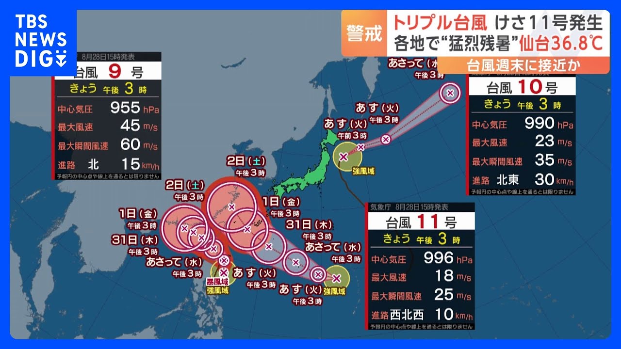 「台風11号」発生“トリプル台風”に…今週にも日本列島に接近する可能性　「9号」「10号」は今後&nbsp;日本列島から離れる予想｜TBS&nbsp;NEWS&nbsp;DIG