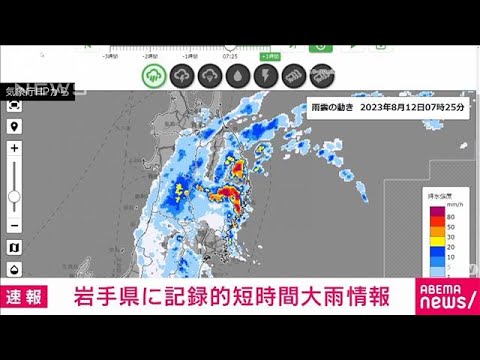 【速報】岩手県で記録的短時間大雨情報(2023年8月12日)