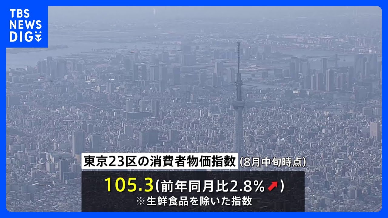 【速報】東京23区の消費者物価指数 8月中旬速報値で2.8%上昇…上昇幅は2か月連続縮小もインバウンド効果などで宿泊料などサービス物価上昇 約29年ぶりの水準に|TBS NEWS DIG