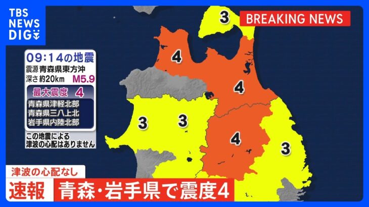 青森県と岩手県で最大震度4を観測するやや強い地震　津波の心配なし｜TBS NEWS DIG