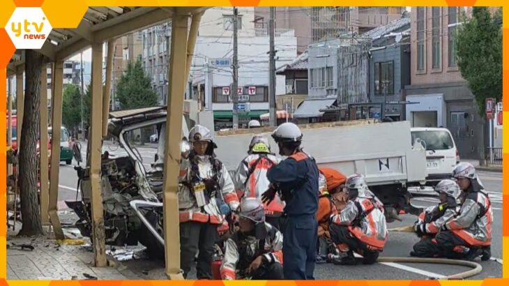 【速報】商店街の柱にトラックが衝突、一時火が上がる　２０代の運転手が足にケガ　京都・七条通り