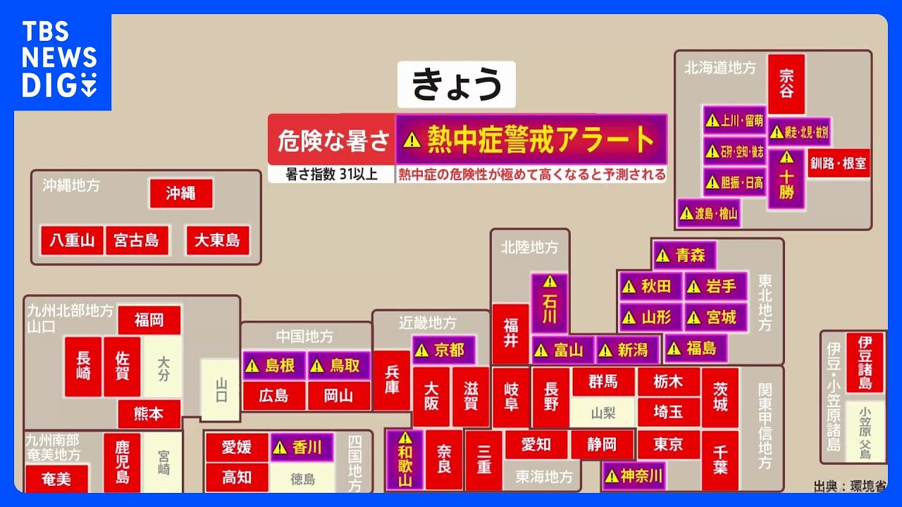 北海道・東北中心に危険な暑さに　「熱中症警戒アラート」16道府県に発表｜TBS&nbsp;NEWS&nbsp;DIG
