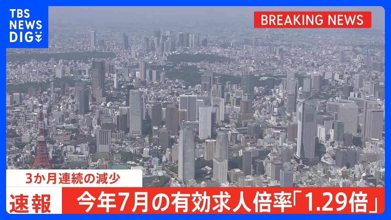 【速報】今年7月の有効求人倍率「1.29倍」で3か月連続減少 物価高で給料の高い仕事への転職や仕事の掛け持ちしようとする動きも|TBS NEWS DIG