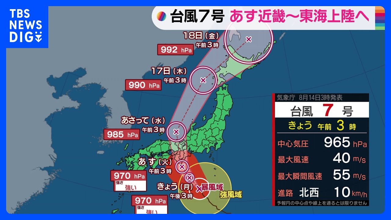 【台風7号】強い勢力保ったまま近畿~東海に15日上陸か 週の半ばに東北や北海道に接近する可能性も【14日午前3時現在】|TBS NEWS DIG