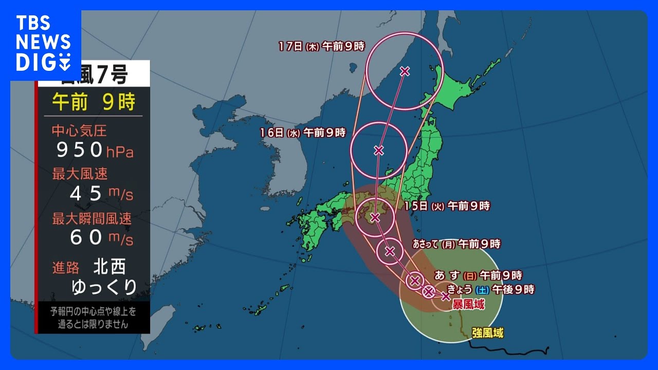 【台風7号進路情報】台風7号 15日ごろ紀伊半島付近に上陸する可能性 暴風や激しい雨が長時間続くおそれ|TBS NEWS DIG