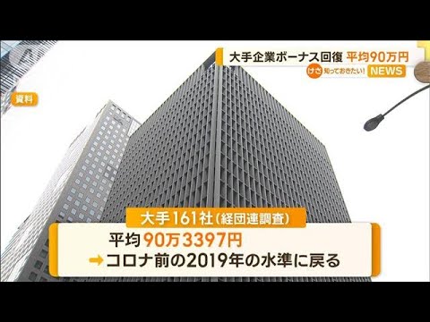 大手企業　夏のボーナス回復「平均90万3397円」　コロナ前の水準に戻る　伸び率は微増【知っておきたい！】(2023年8月10日)