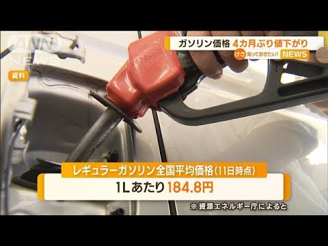 ガソリン価格184.8円　約4カ月ぶりの値下がり【知っておきたい！】(2023年9月14日)