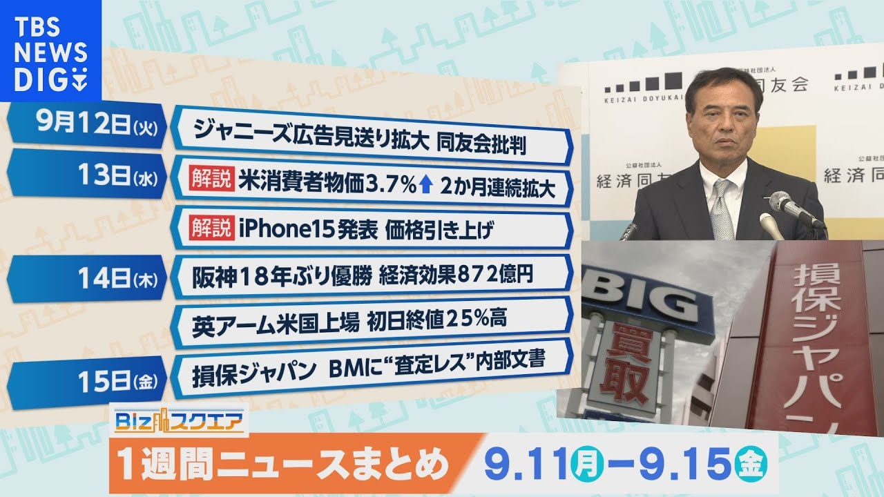 1週間の経済ニュースまとめ（9月16日(土)）　ジャニーズ広告見送り拡大 同友会批判/米消費者物価3.7%↑ 2か月連続拡大など【Bizスクエア】