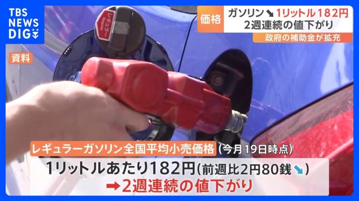 ガソリン価格2週連続で値下がり　1リットルあたり182円　政府の補助金拡充で｜TBS NEWS DIG