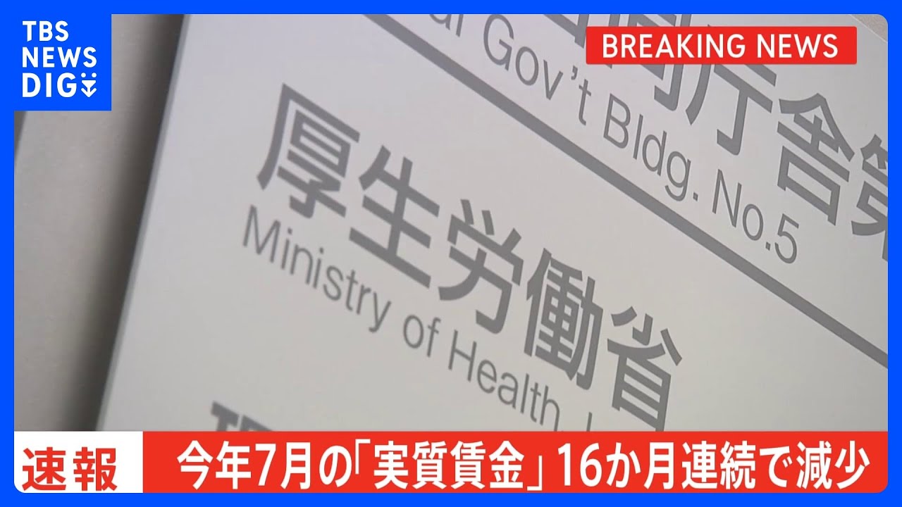 【速報】今年7月の「実質賃金」16か月連続で減少　賃金上昇も物価上昇には追いつかない状況続く｜TBS&nbsp;NEWS&nbsp;DIG