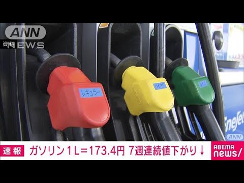 ガソリン1L＝173.4円　7週連続値下がり(2023年10月25日)