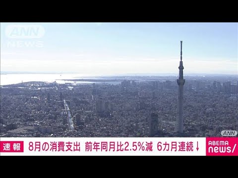 【速報】8月の消費支出 2人以上の世帯は前年同月比実質2.5％減で6カ月連続減少 総務省(2023年10月6日)