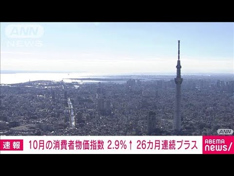 【速報】10月の消費者物価指数　2.9％上昇で26カ月連続プラス　総務省(2023年11月24日)