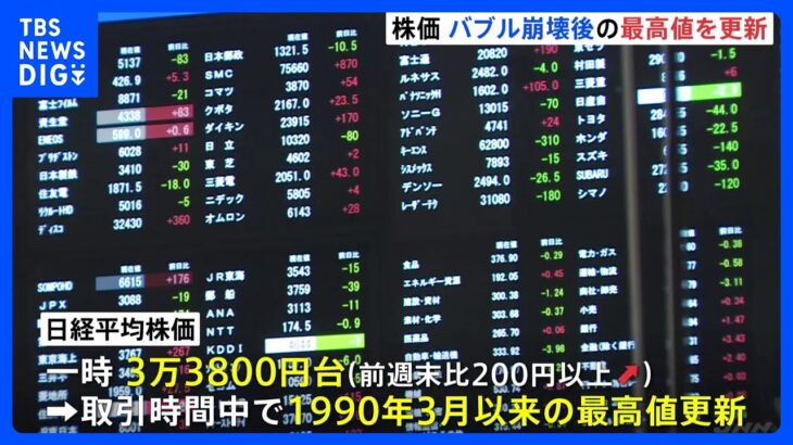 日経平均株価一時3万3800円を突破　バブル後最高値｜TBS NEWS DIG