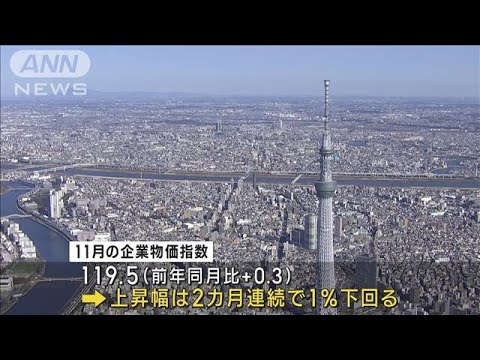 11月の企業物価指数は前年同月比+0.3％　2カ月連続で1％下回る(2023年12月12日)