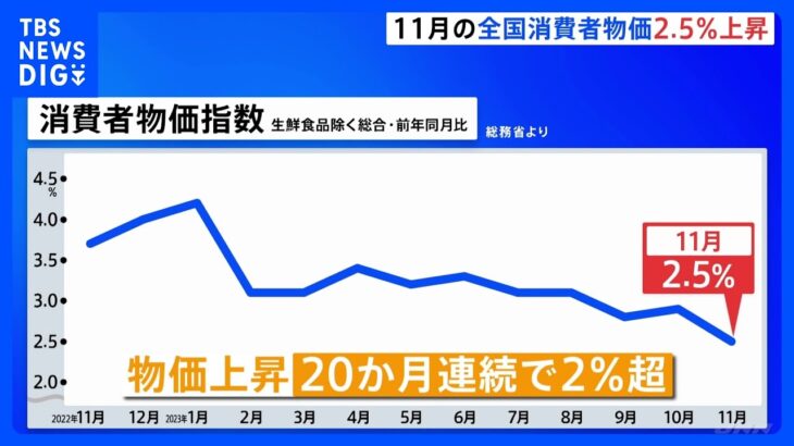 【速報】11月の全国消費者物価指数2.5%上昇｜TBS NEWS DIG