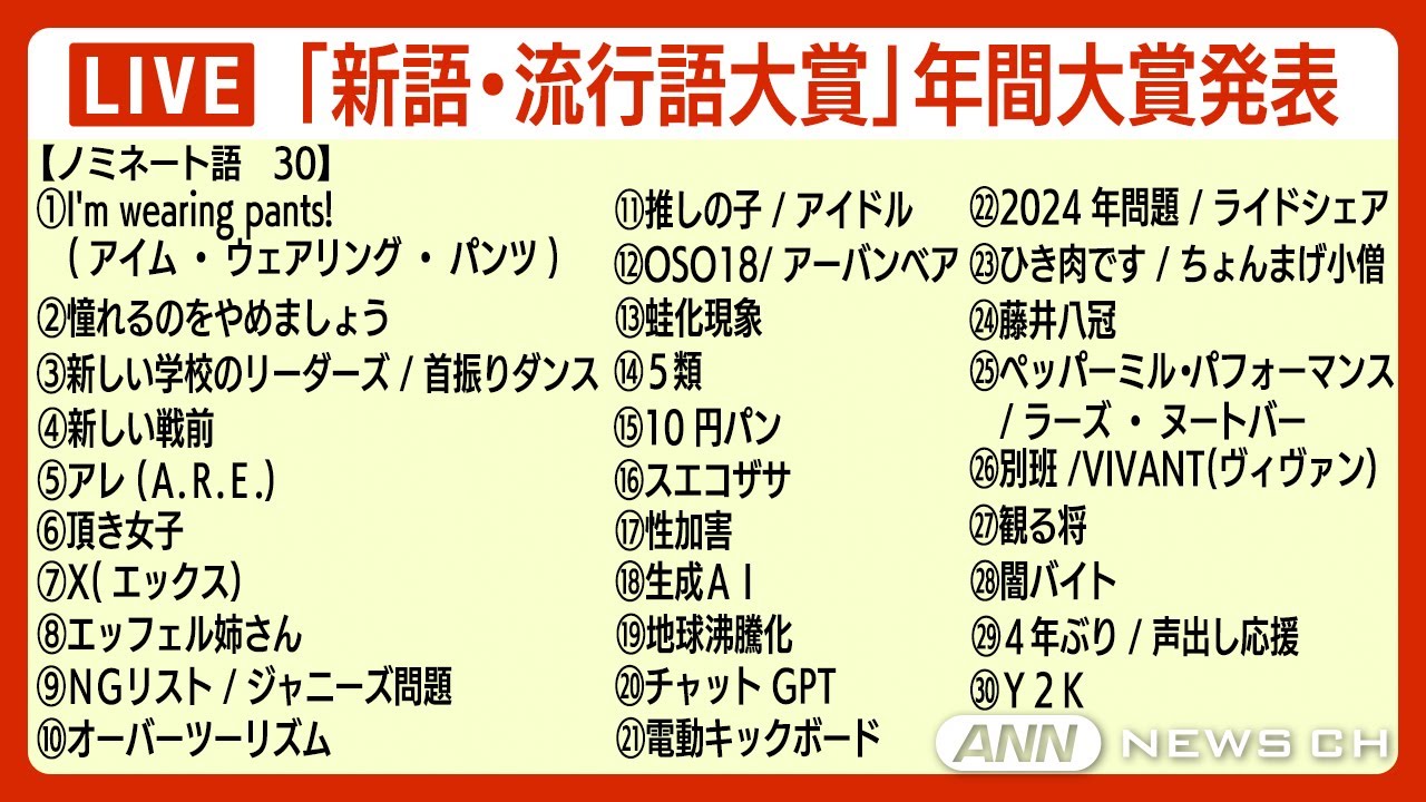 【ライブ】「2023ユーキャン新語・流行語大賞」年間大賞とトップテン発表・表彰式【LIVE】(2023年12月1日)ANN/テレ朝