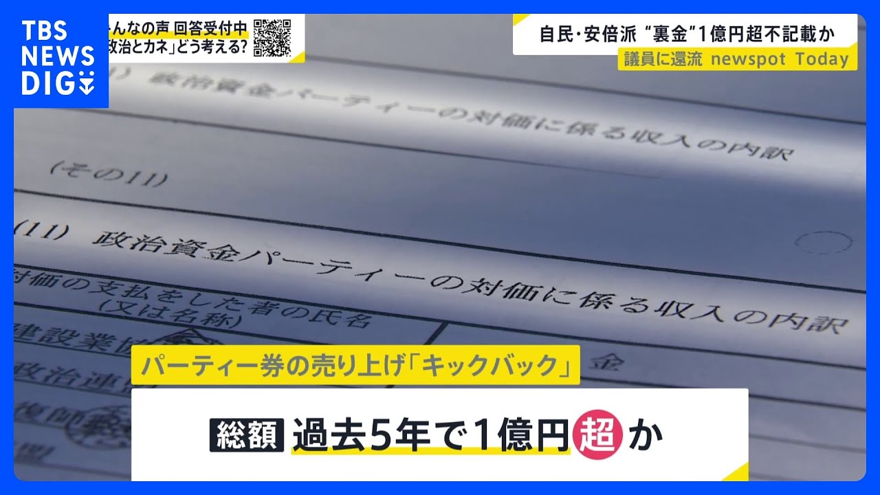 「パンドラの箱開けた」政治資金パーティー券収入を議員に“キックバック”　&nbsp;自民・安倍派の“裏金”1億円超えか【news23】｜TBS&nbsp;NEWS&nbsp;DIG