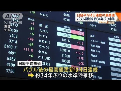 日経平均株価 4日連続の最高値　バブル期以来 約34年ぶり水準【ワイド！スクランブル】(2024年1月12日)