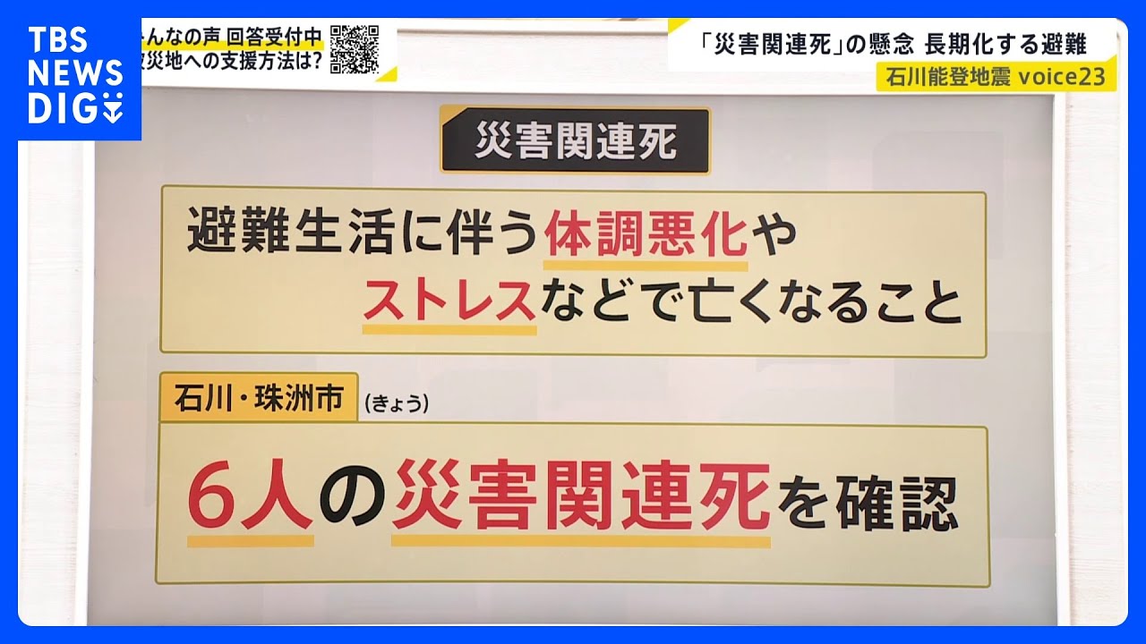 避難生活の長期化で懸念される「災害関連死」珠洲市で初めて6人を確認&nbsp;熊本地震では「直接死」の4倍超に…拡大防ぐため石川県では「2次避難所」受け入れを開始【news23】｜TBS&nbsp;NEWS&nbsp;DIG