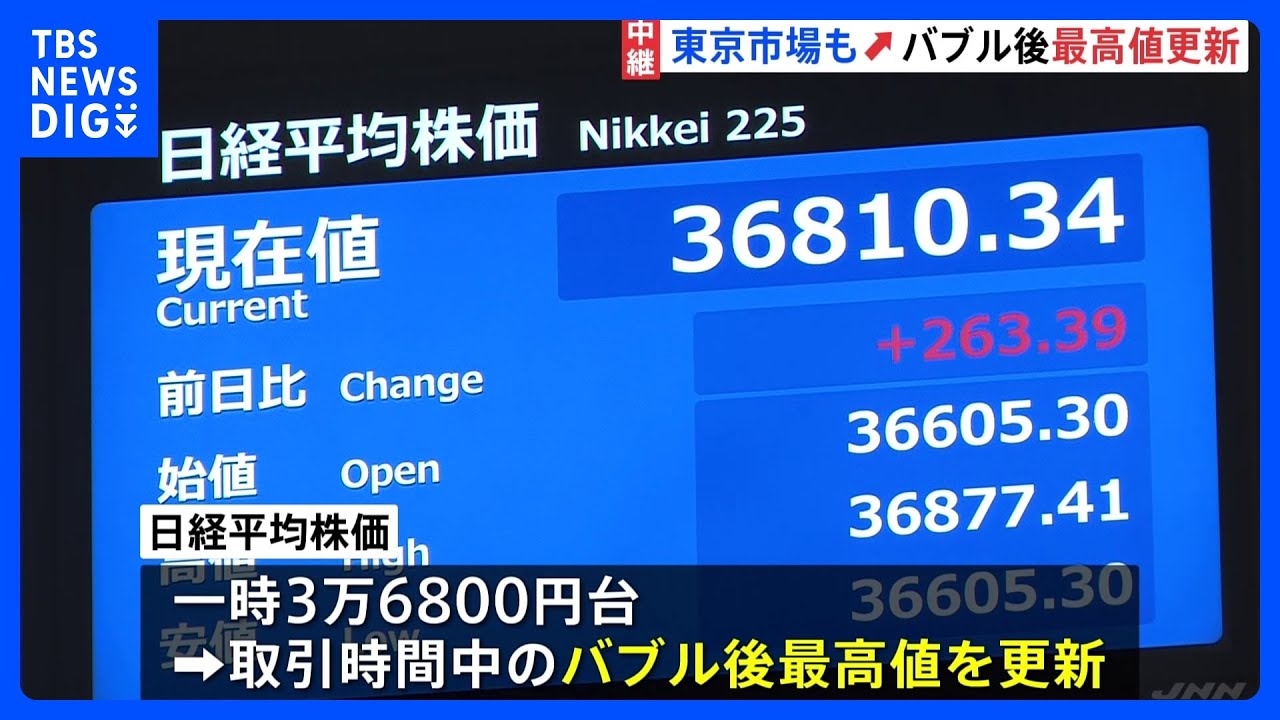 アメリカの株高受け東京市場もバブル後最高値更新　一時3万6800円台｜TBS&nbsp;NEWS&nbsp;DIG