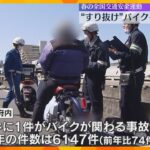 危険な“すり抜け”運転のバイク取り締まり　新御堂筋　大阪府内の交通事故の約4件に1件がバイク事故