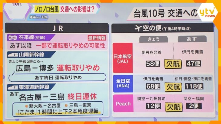 【交通情報】台風10号により近畿各地で31日在来線運転取りやめの可能性　新幹線や空の便にも影響