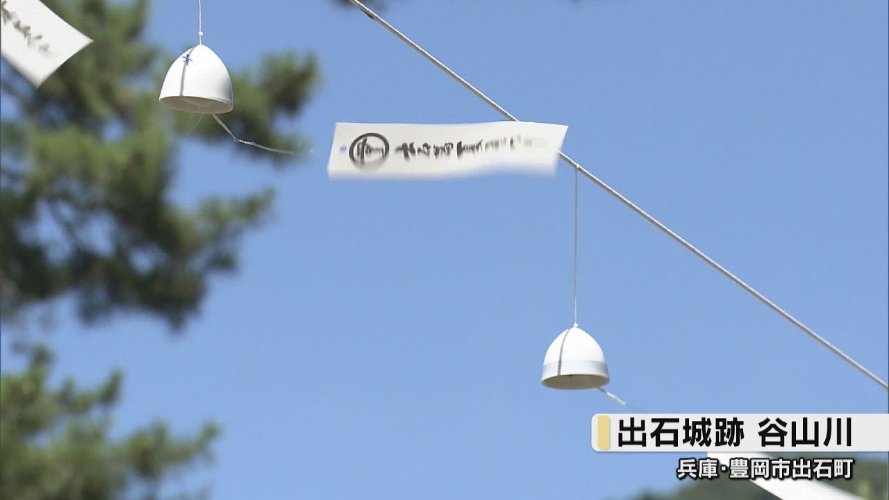 川に出石焼の風鈴　涼やか音色　「涼しい気持ちもするけどやっぱり暑い・・・」豊岡・出石