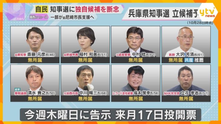 兵庫県知事選で自民が独自の候補擁立を断念　一部県議が稲村氏の支援を検討　斎藤前知事の支援は禁止