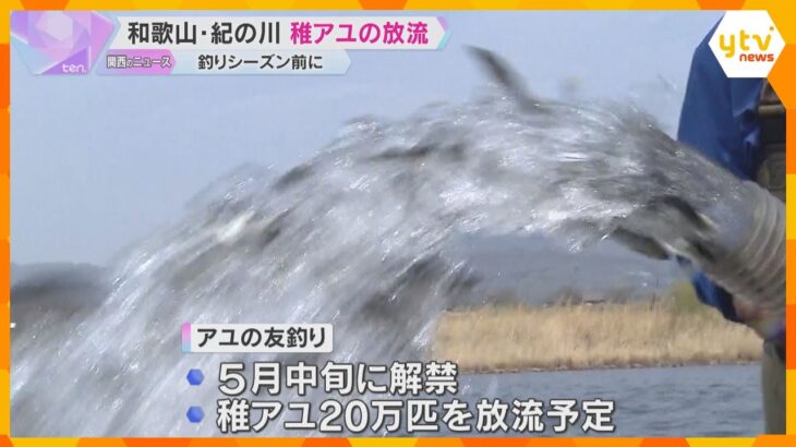 人工ふ化させた13万匹の稚アユ、ホースを使って放流　5月中旬の友釣り解禁を前に　和歌山・紀の川市