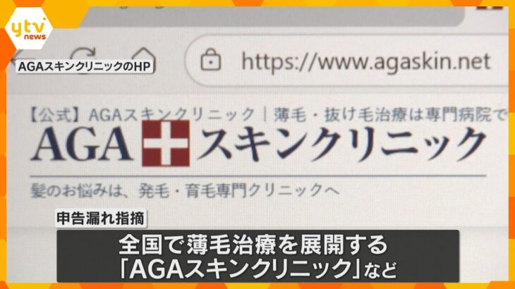 薄毛治療「AGAスキンクリニック」の運営会社など　約62億円の申告漏れ指摘　約12億円を追徴課税