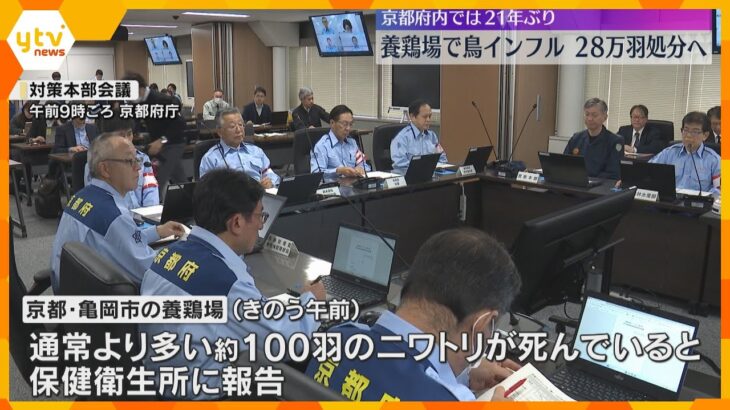 京都府内で21年ぶりの鳥インフルエンザ　亀岡市の養鶏場　約28万羽のニワトリは殺処分へ