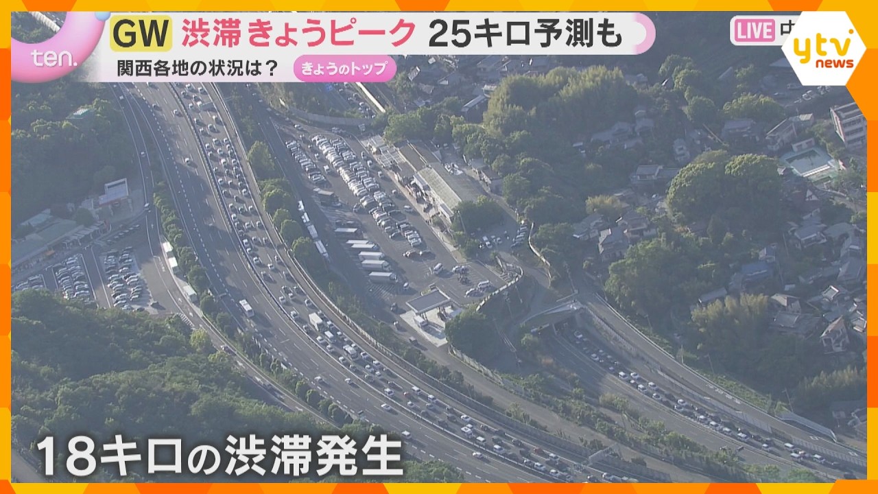 【ヘリ中継】行楽帰りの車で混雑　中国道上り線で18キロ渋滞　中国道・山陽道で最大20キロ、阪神高速で最大25キロの予測（5日午後5時半時点）