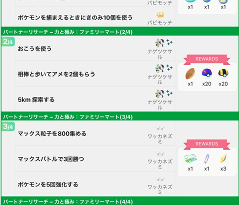 【ポケモンGO】ファミマパートナーリサーチ「力と極み」内容一覧