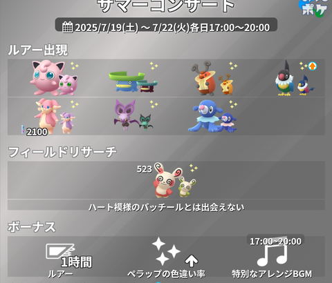 【ポケモンGO】通常ルアー以外はサマーコンサートのボーナス対象外