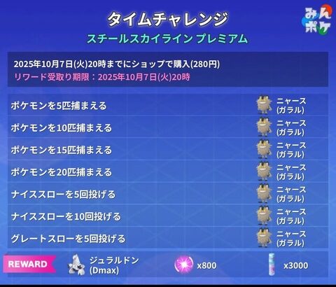【ポケモンGO】優良タイムチャレンジがエグイ、ダイマジュラルドンは最終報酬、他は全部ニャース